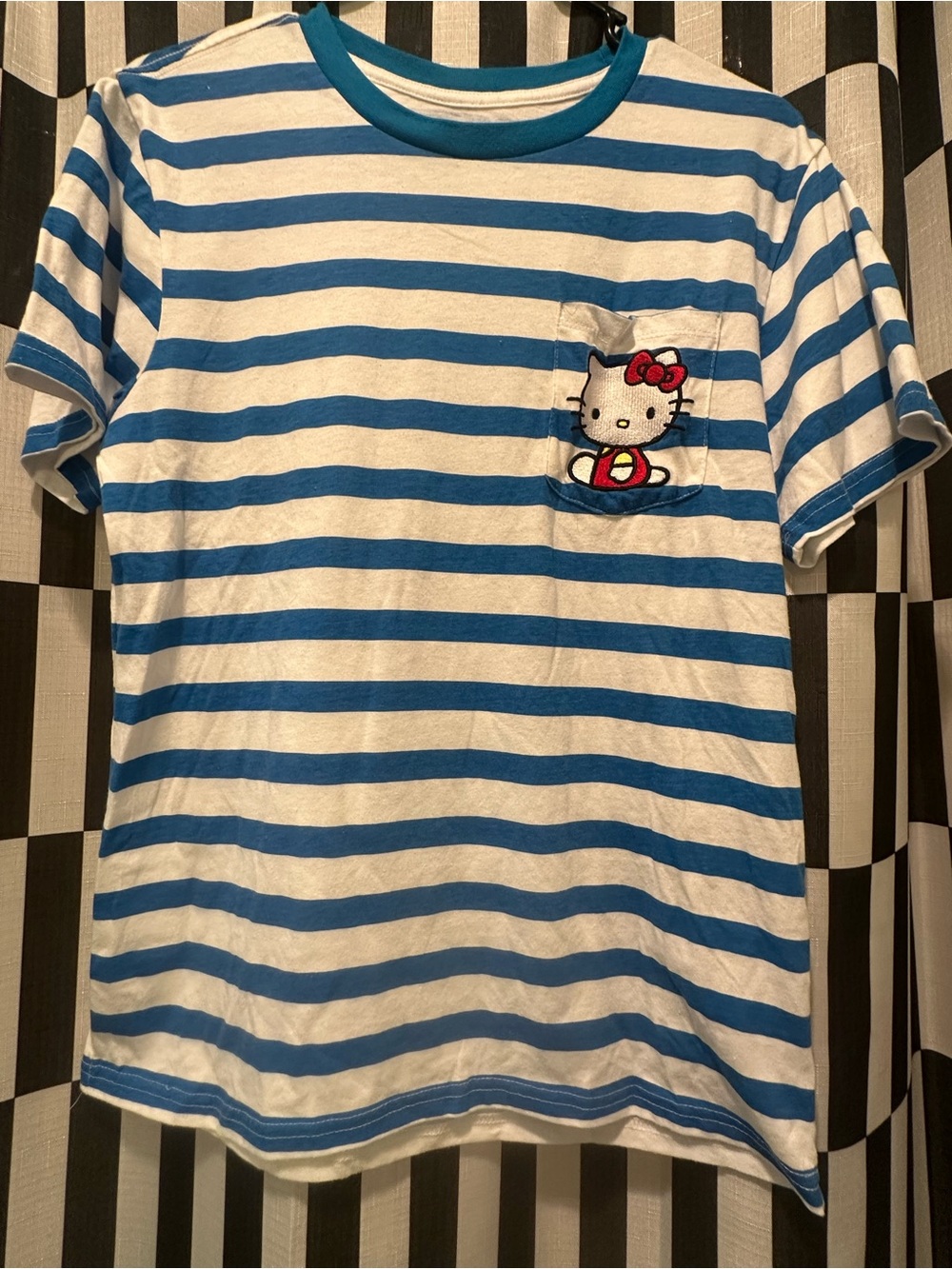 Men’s Hello Kitty Blue & White Striped Embroidered Tee with Pocket